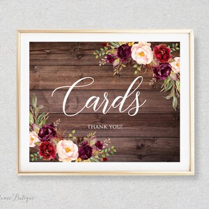 Panneau de cartes rustique, panneau de mariage floral bordeaux, panneau de cartes floral bohème, panneau imprimable, Marsala, W486