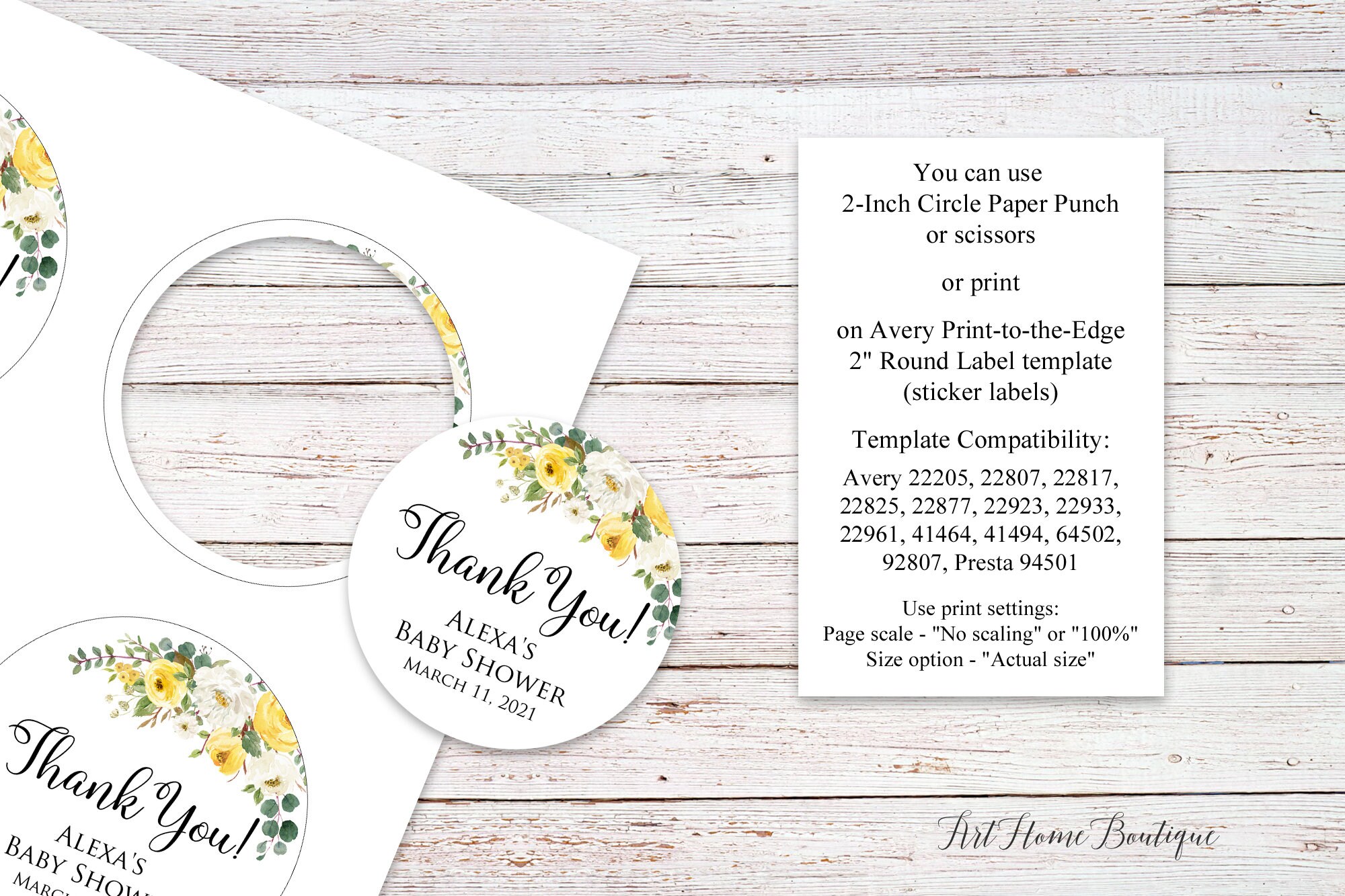 Yellow Baby Shower Thank You Tags, Favor Tags, 2 inch Round Labels, Floral Baby Shower Labels, Personalized, Digital File, W1134-1