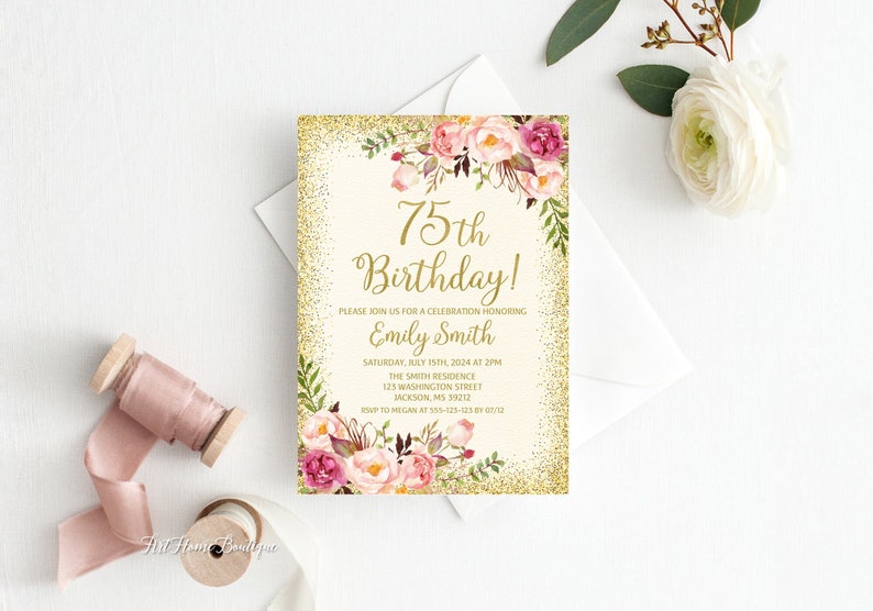 75th Birthday Invitation, Any Age Women Birthday Invitation, Floral Ivory and Gold Women Birthday Invitation, Boho Birthday Invite,W23 image 1