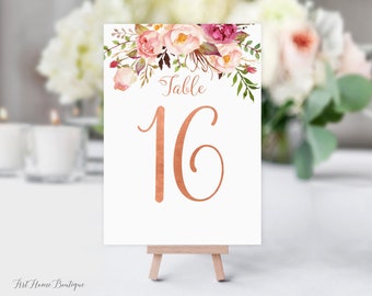 Rose Gold Table Numbers, Birthday Table Numbers, Rose Gold and Blush Pink Flowers, Wedding Table Numbers, W1138, W717, W1176