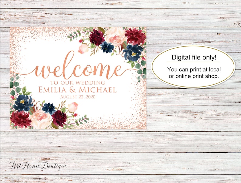 Welcome Wedding Sign Marsala W746 Horizontal Landscape Wedding Sign Burgundy Wedding Rose Gold Welcome To Our Wedding Sign