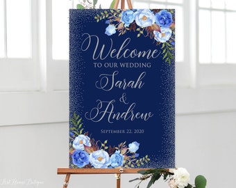 Silver Navy Welcome Wedding Sign, Welcome To Our Wedding Sign, Large Welcome Sign, Floral Wedding Sign, Printable Welcome Sign, W555