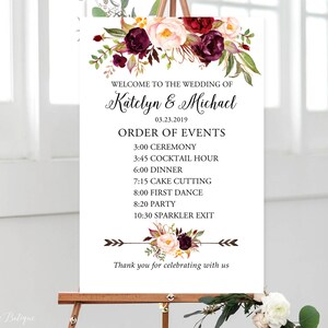 Order of Events Wedding Sign, Burgundy Order of Events Sign, Timeline Wedding Sign, Marsala Wedding Timeline, Event Sign, Digital File, W125