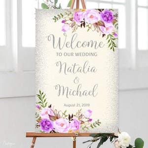 Purple Welcome Wedding Sign, Ivory Welcome To Our Wedding Sign, Large Welcome Sign, Wedding Signs Printable, Ivory, Purple, Silver, W505