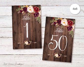 Wedding Table Numbers, Floral Table Numbers, Birthday Table Numbers, Burgundy Flowers, Printable Table Numbers, W131