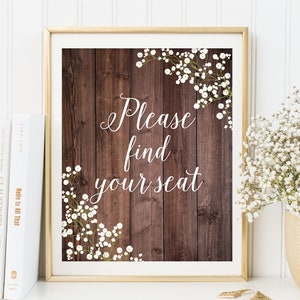 Please Find Your Seat-bord, rustiek trouwbord, Find Your Table-bord, Baby&#39;s Breath, Gypsophila, W310