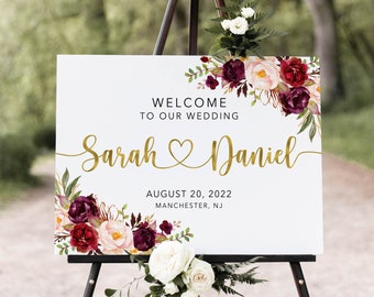 Burgundy Gold Wedding Welcome Sign, Welcome To Our Wedding Sign, Marsala Wedding Welcome Sign, Digital file, W1121