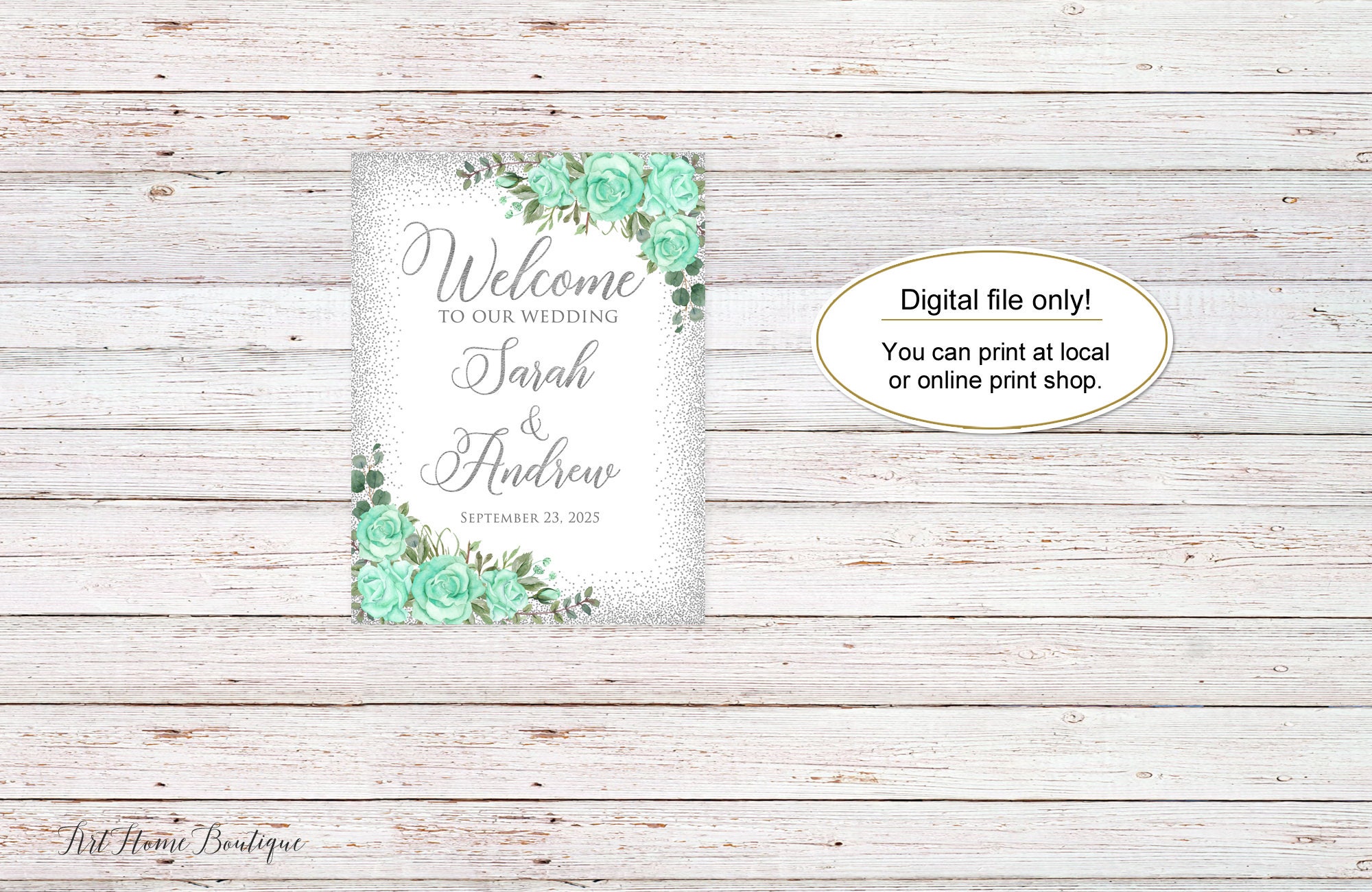 Mint Wedding Welcome Sign, Welcome to Our Wedding Sign, Silver and Mint ...