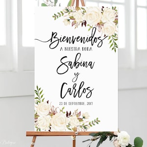 Bienvenidos a Nuestra Boda, Welcome Wedding Sign, White Roses, Spanish Sign, W357