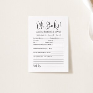 Op de afbeelding: Een printbare baby shower-spelkaart met de titel "Oh Baby!" en prompts voor gasten om de geboortegegevens van de baby te voorspellen en advies te geven aan de nieuwe ouders.