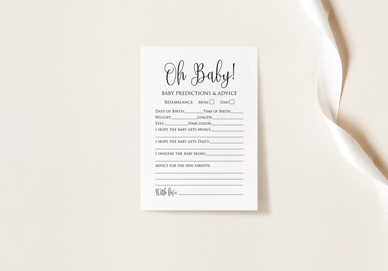 Op de afbeelding: Een printbare baby shower-spelkaart met de titel "Oh Baby!" en prompts voor gasten om de geboortegegevens van de baby te voorspellen en advies te geven aan de nieuwe ouders.