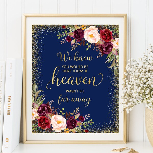 We Know You Would Be Here Today If Heaven Wasn't So Far Away, Navy Wedding Sign, Memorial Wedding Sign, In Loving Memory, Printable, W122