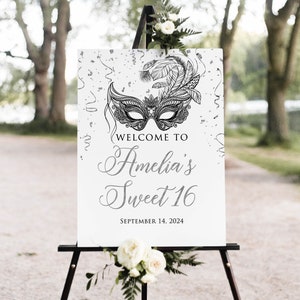 Black Silver Masquerade Party Welcome Sign, Sweet 16 Welcome Sign, Masquerade Birthday Welcome, Masquerade Ball, Mardi Gras, W1553