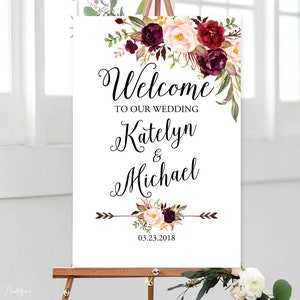 Welcome Wedding Sign, Welcome To Our Wedding Sign, Large Welcome Sign, Boho Chic Wedding Signs, Burgundy, Marsala, Digital file, W126