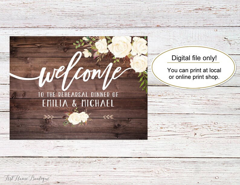Digital file Rustic Rehearsal Dinner Welcome Sign White Roses Welcome Wedding Poster Rehearsal Wedding Sign W177 Landscape Sign