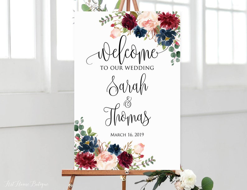Welcome Wedding Sign Blush Navy Welcome To Our Wedding Sign Welcome Wedding Sign Burgundy W474
