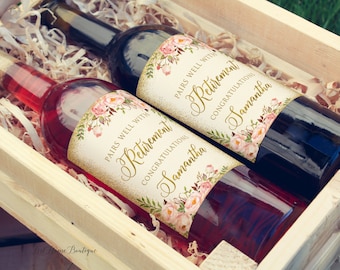 Retirement Wine Labels, Blush Gold Wine Bottle Labels, Blush Pink Gold Wine Labels, Pairs well with retirement, Digital File, W1136-2