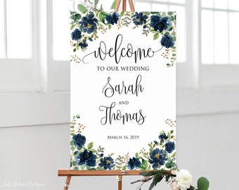 Navy Welcome Wedding Sign, Blue Floral Welcome To Our Wedding Sign, Blue Wedding Sign, Garden Wedding Signs, Printable Sign, W507