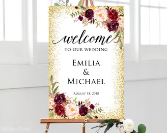 Welcome Wedding Sign, Welcome To Our Wedding Sign, Burgundy Wedding Sign, Marsala Wedding, W291