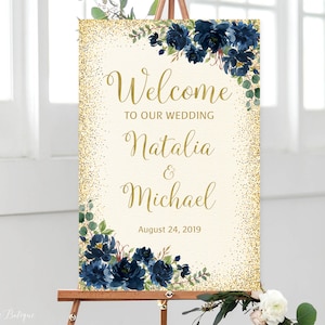 Navy Gold Wedding Welcome Sign, Ivory Blue Welcome Wedding Sign, Floral Welcome To Our Wedding Sign, Printable Sign, Navy, Cream, Gold, W509