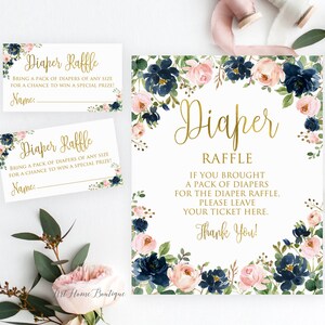 Billets de tombola florale de couches pour baby shower, baby shower rose marine, téléchargement immédiat, fichier numérique, # BS587