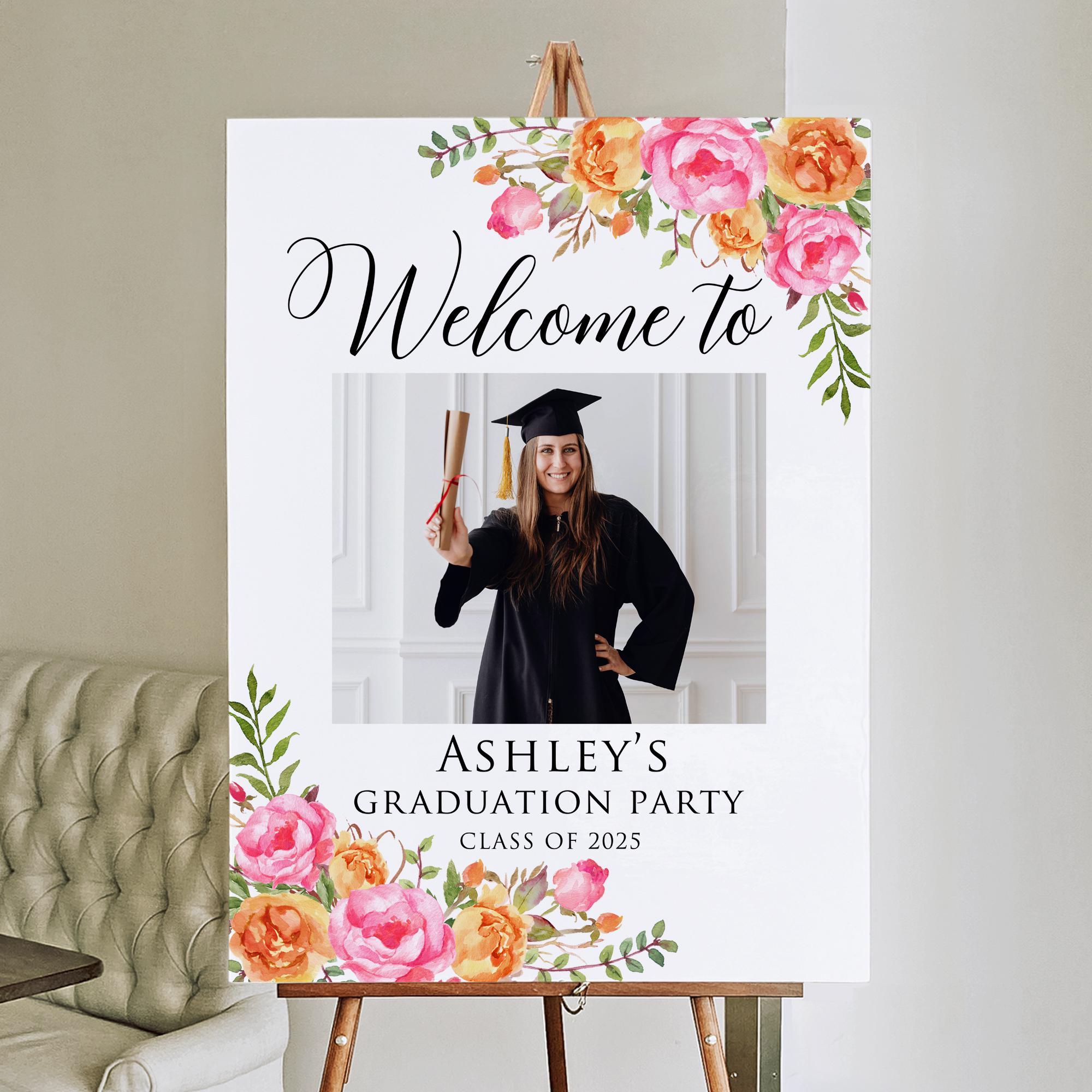Graduationa Signs Pink Printed or Digital Floral Hot Pink Orange Graduation Photo Welcome Sign ...