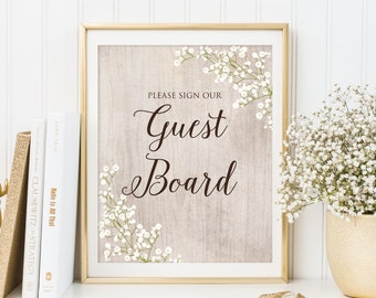 Rustic Guest Board Sign, Alternate Guest Book Sign, Please Sign Our Guest Board Sign, Floral Wedding Sign, Baby’s Breath, Gypsophila, W415