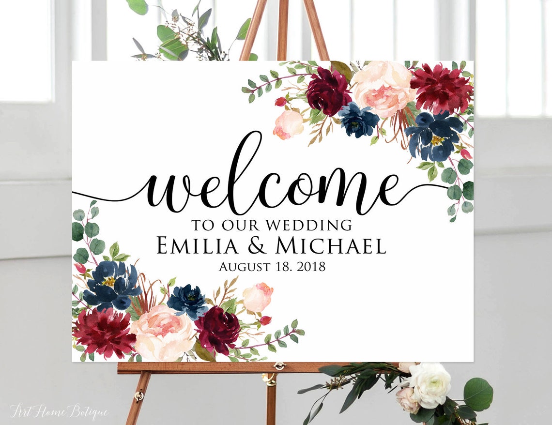 Welcome Wedding Sign Welcome To Our Wedding Sign Burgundy image 1