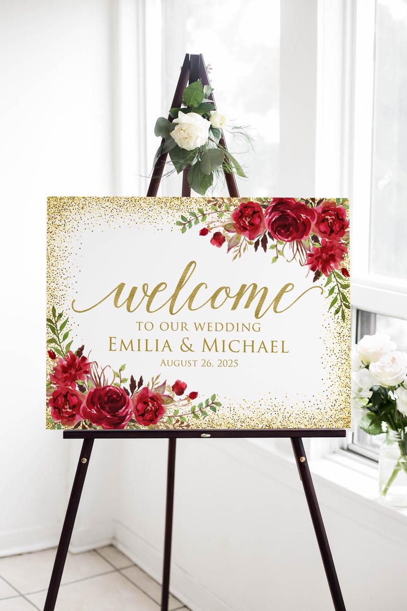 Printed or Digital Gold and Red Floral Wedding Welcome Sign, W768-2 - Etsy