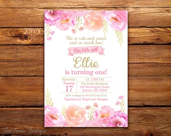 Erstes Geburtstagseinladung Mädchen Rosa und Gold, Aquarell, 1.Geburtstagseinladung, Mädchen, #F09