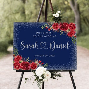 Navy Red Wedding Welcome Sign, Welcome To Our Wedding Sign, Navy and Red Welcome Wedding Sign, Large Welcome Sign, Navy Silver Red, W1202