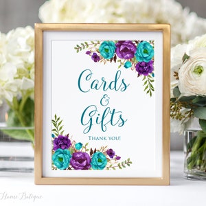 Türkis und Lila Karten und Geschenke Zeichen, Geschenk Tisch Zeichen, Floral druckbares Schild, Türkis Lila Hochzeit Zeichen, Digitale Datei, W1234