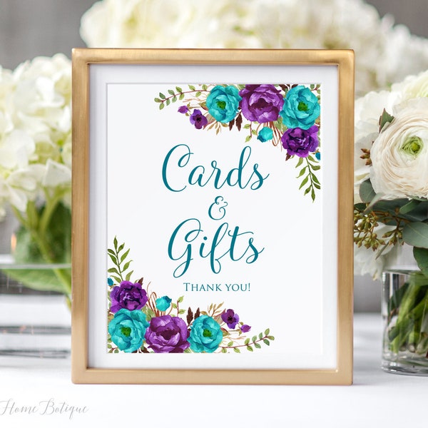 Teal and Purple Cards and Gifts Sign, Gift Table Sign, Floral Printable Sign, Teal Purple Wedding Sign, Digital File, W1234