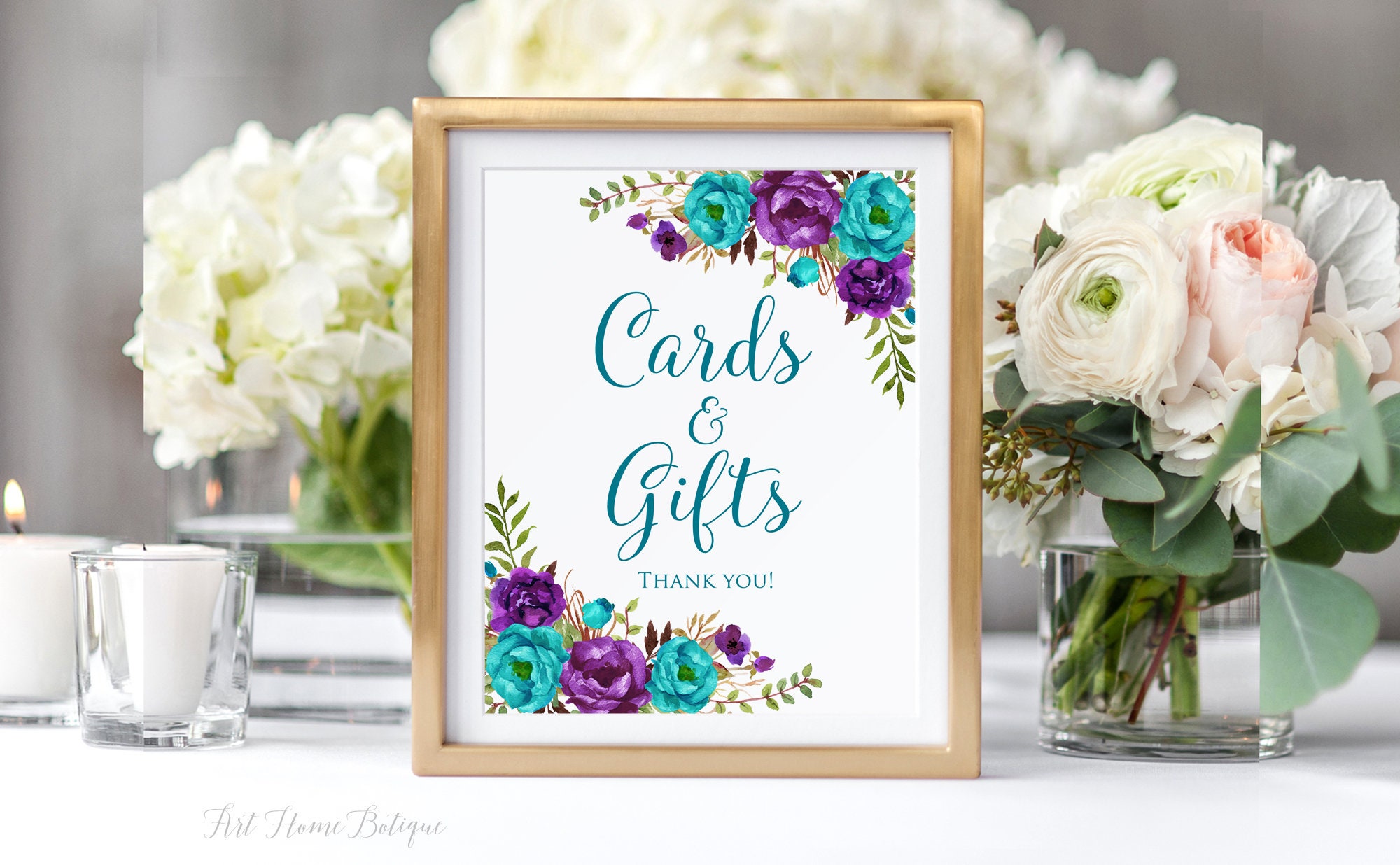 Teal and Purple Cards and Gifts Sign, Gift Table Sign, Floral Printable Sign, Teal Purple Wedding Sign, Digital File, W1234