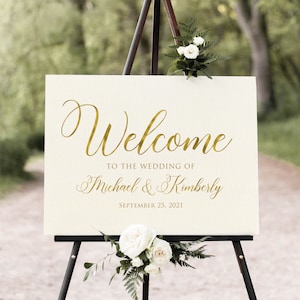 Signo de bienvenida de boda de marfil, Bienvenido a nuestro signo de boda, signo de bienvenida de caligrafía, signo de boda elegante, archivo digital, lámina de oro falso, W1222