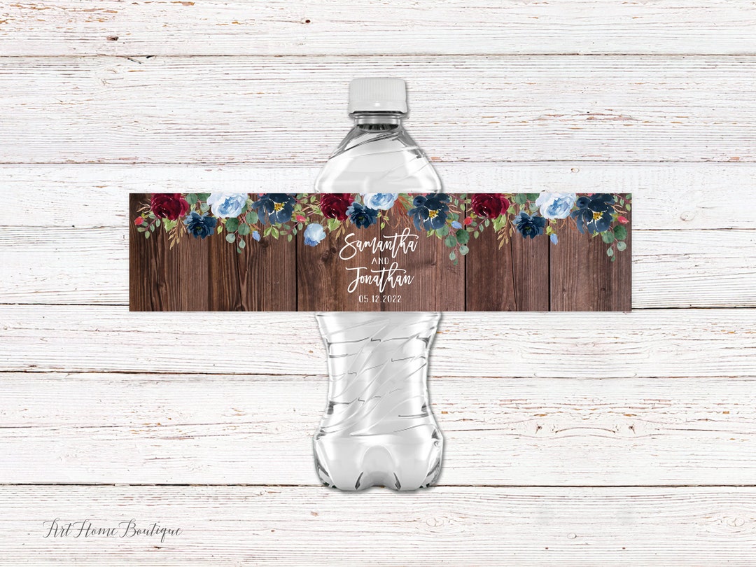 Rustic Water Bottle Labels, Wedding Water Bottle Labels, Burgundy Navy Dusty Blue Water Bottle ...