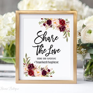 Share The Love Hashtag Sign, Share The Love Wedding Sign, Wedding Instagram Sign, Floral Wedding Sign, Burgundy, Marsala, W118