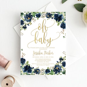 Navy and Gold Baby Shower Invitation, Oh Baby Invitation, W577