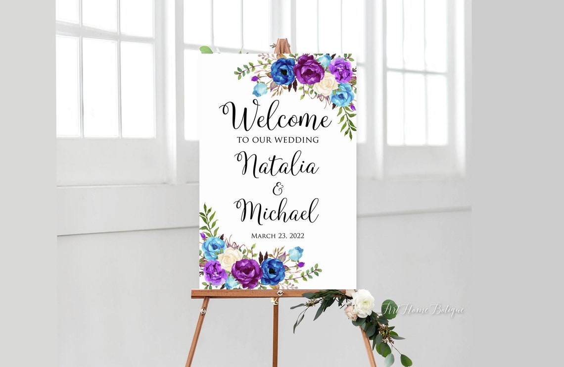 Blue and Purple Wedding Welcome Sign Blue Purple White image 1