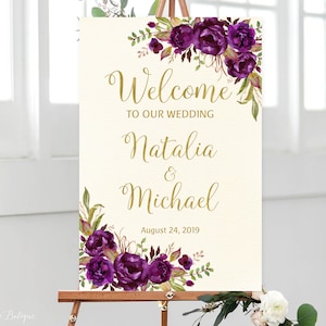 Purple Wedding Welcome Sign, Ivory Welcome To Our Wedding Sign, Welcome Wedding Sign, Large Welcome Sign, Plum Wedding, W467