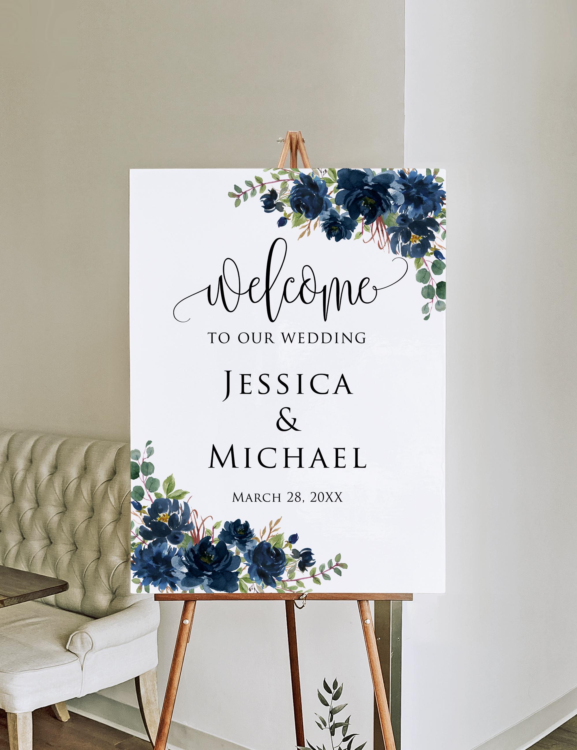 Printed or Digital Navy Floral Wedding Welcome Sign, W507-1 - Etsy