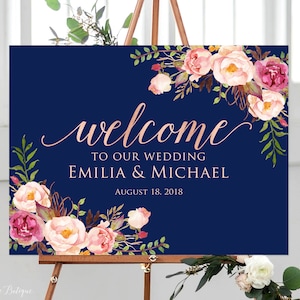 Signo de bienvenida de boda de la marina, oro rosa Bienvenido a nuestro signo de boda, signo de boda de paisaje horizontal, azul marino y oro rosa, archivo digital, W323