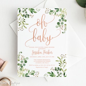 Greenery Baby Shower Invitation, Oh Baby Invitation, Rose Gold Baby Shower Invite, Calligraphy Invitation, Eucalyptus Baby Shower, BS35