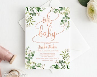 Grün-Babyparty-Einladung, Oh Baby-Einladung, Roségold-Babyparty-Einladung, Kalligraphie-Einladung, Eukalyptus-Babyparty, BS35
