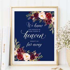 We Know You Would Be Here Today If Heaven Wasn&#39;t So Far Away, Navy Wedding Sign, Memorial Wedding Sign, In Loving Memory, Printable, W216