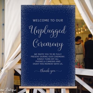 Silver Unplugged Ceremony Sign, Navy Wedding Unplugged Sign, W493
