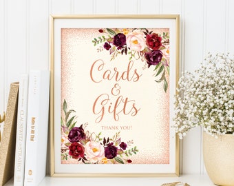 Cards and Gifts Sign, Gift Table Sign, Ivory Floral Printable Sign, Rose Gold Boho Floral Cards and Gifts Sign Printable, W455