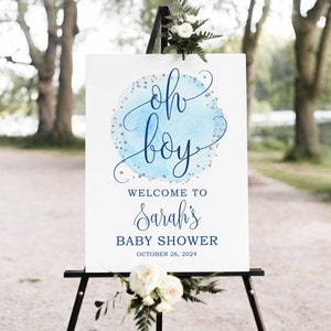 Oh Boy Welcome Sign, Navy Baby Shower Welcome Sign, Blue Silver Baby Shower Welcome Sign, Digital file, W1483