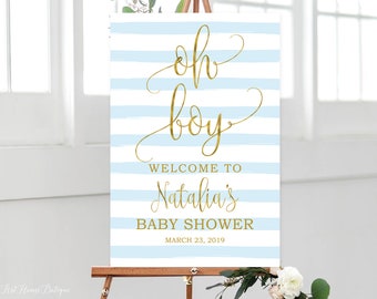 Oh Boy Welcome Sign, Striped Baby Shower Welcome Sign, Blue and Gold Welcome Baby Shower Sign, Digital file, BS057