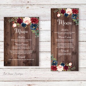 Carte de menu de mariage rustique, menu de mariage, menu d'anniversaire imprimable, cartes de menu florales, Bordeaux bleu marine Blush, W417
